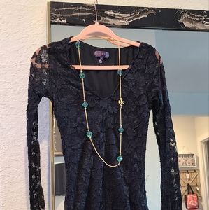 Hale bob black v neck lace dress